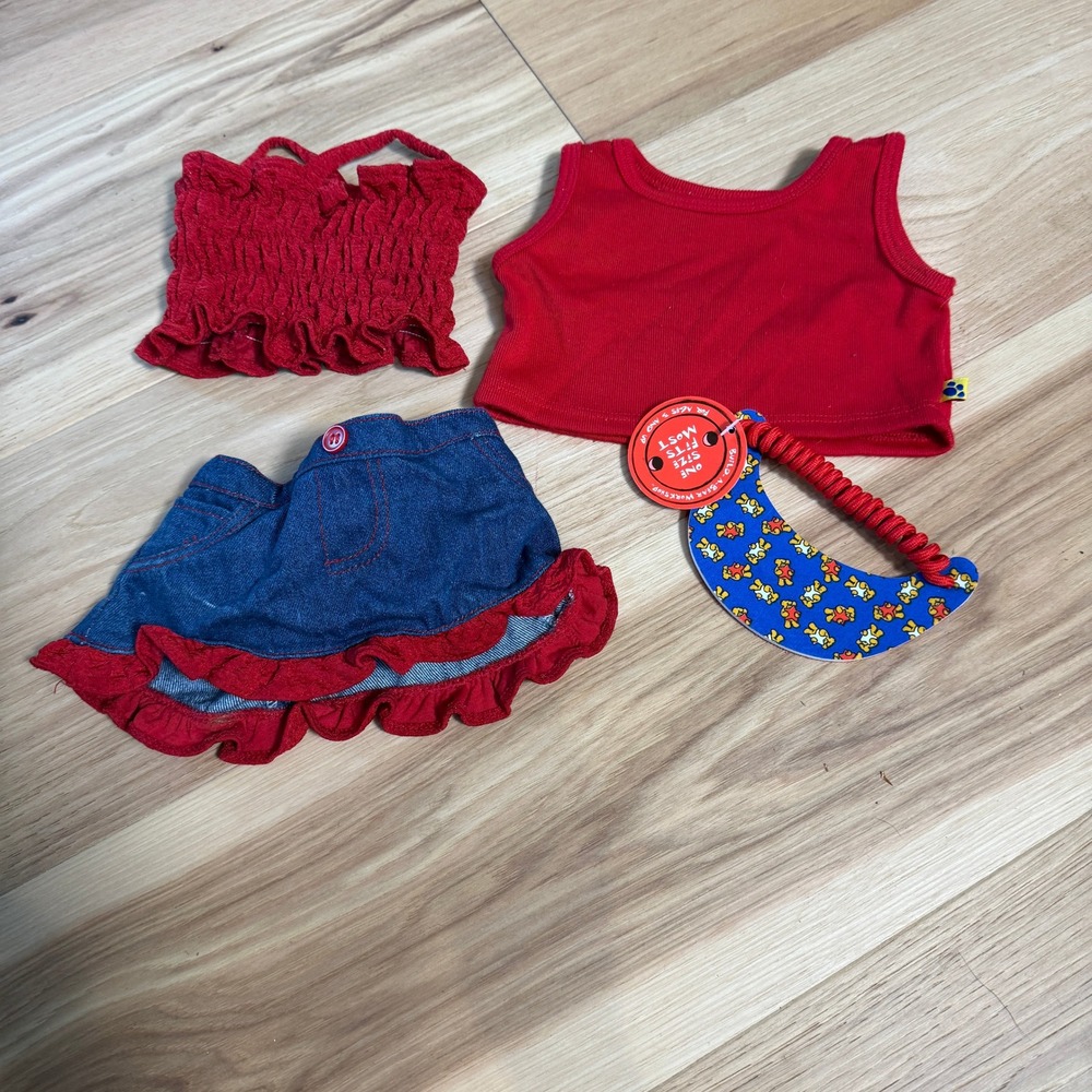 Build A Bear Patriotic Clothing Lot Red/Blue Shorts Tube Top Tank Top NWT Visor